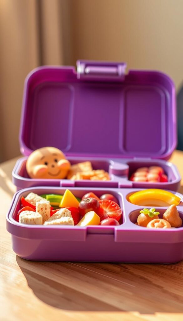 A beautifully arranged children's bento-style lunch box, with a vibrant and inviting appearance. The box features several distinct compartments, each filled with a selection of healthy and visually appealing snacks and meals. The foreground showcases a variety of colorful, bite-sized foods, such as fresh fruits, vegetables, and mini sandwiches, all neatly organized and presented. The middle ground reveals the bento box itself, a sleek and modern design with clean lines and a matte finish. The background is softly blurred, creating a sense of depth and emphasizing the focus on the well-crafted lunch box. Warm, natural lighting illuminates the scene, casting gentle shadows and adding depth and dimension to the image. The overall mood is one of cheerfulness, care, and attention to detail, perfectly capturing the spirit of a top-rated bento-style lunch box for young children.