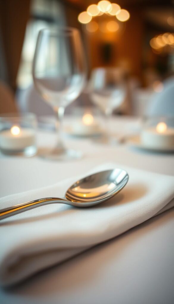 A beautifully arranged place setting with a gleaming silver dessert spoon resting elegantly on a crisp white linen napkin. The spoon's bowl reflects the soft, warm lighting illuminating the table, creating a subtle shine. In the background, a blurred, refined dining space with muted tones sets the stage for this refined, sophisticated scene. Captured with a shallow depth of field, the dessert spoon is the focal point, drawing the viewer's eye to the intricate details of this essential table setting piece.