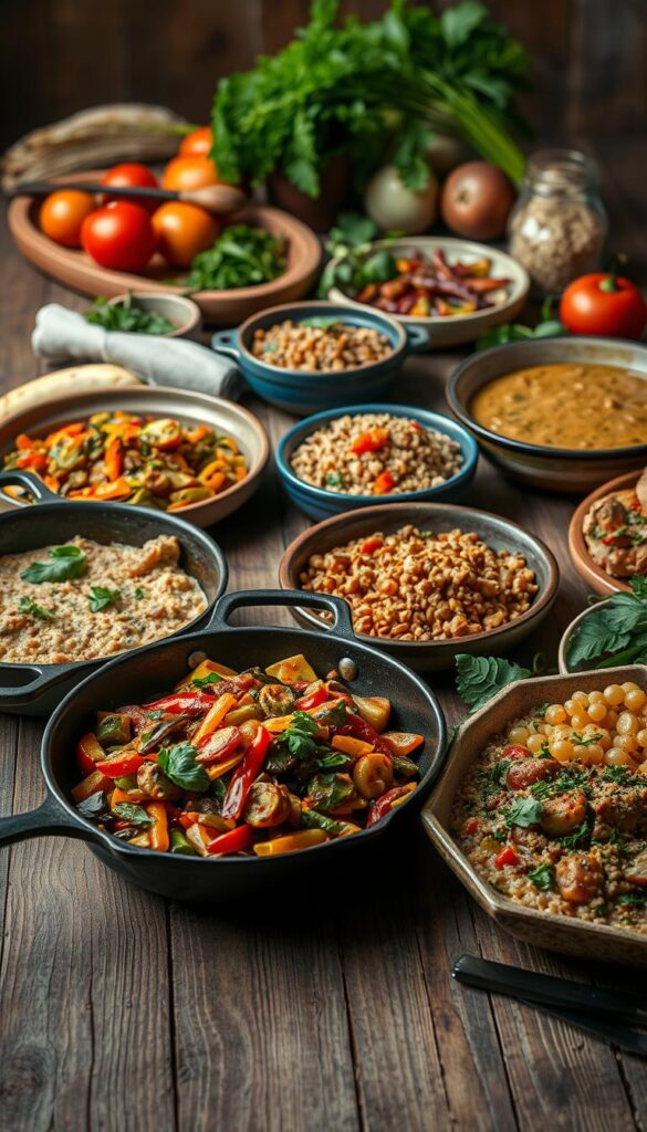 A bountiful spread of delectable vegetarian main dishes, artfully arranged on a wooden table with a rustic, natural ambiance. In the foreground, a fragrant vegetable stir-fry sizzles in a cast-iron skillet, its vibrant colors and textures inviting the senses. Beside it, a creamy, herb-infused lentil stew bubbles in a glazed ceramic bowl, its aroma wafting through the air. In the middle ground, a beautifully plated quinoa and roasted vegetable dish takes center stage, its vibrant hues and elegant presentation accentuated by soft, directional lighting. In the background, a selection of fresh, seasonal produce and garnishes add a touch of earthy elegance, while a warm, cozy atmosphere permeates the scene, creating a truly tempting and appetizing visual feast.