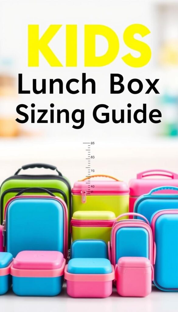 A bright and colorful "Kids Lunch Box Sizing Guide" illustration. In the foreground, a collection of various sized lunch boxes arranged neatly, showcasing their relative dimensions. The boxes are made of durable, BPA-free materials in vibrant hues like blue, green, and pink. In the middle ground, a grid or ruler provides clear visual scale and measurements, allowing for easy size comparison. The background features a soft, blurred gradient, keeping the focus on the lunch boxes. Soft, even lighting illuminates the scene, emphasizing the practicality and functionality of the different lunch box sizes. The overall mood is educational, informative, and designed to help parents and caregivers choose the right lunch box for their child's needs.