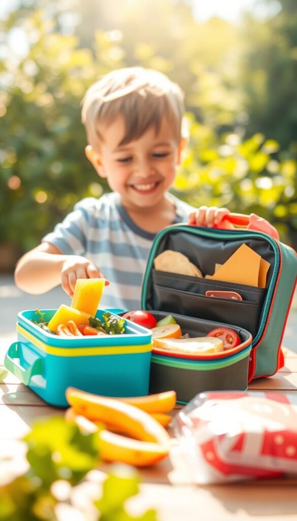 A bright, cheerful scene showcasing the importance of a quality lunch box for children. In the foreground, a young child happily unpacks their lunch box, revealing a variety of nutritious and visually appealing food items. The middle ground features the lunch box itself, its vibrant colors and sturdy construction highlighting its functionality and durability. In the background, a warm, sun-dappled setting with lush greenery, conveying a sense of nature and well-being. Soft, diffused lighting casts a gentle glow, creating a calming and inviting atmosphere. The overall composition emphasizes the role of a well-designed lunch box in supporting a child's healthy and enjoyable mealtime experience.