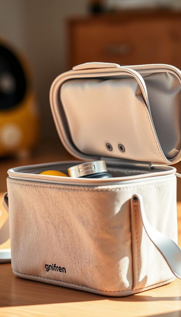 A brightly lit, close-up view of a modern, insulated kids lunch box, showcasing its sleek and durable design. The box has a soft, plush exterior in a neutral color, with minimal branding or graphics. The lid is slightly ajar, revealing the well-insulated interior and the contents inside, including a small thermos or reusable water bottle. The lighting is warm and natural, highlighting the textures and materials used in the construction of the lunch box. The image conveys a sense of functionality, quality, and thermal efficiency, perfectly suited for packing and keeping temperature-sensitive meals and snacks for a young child.