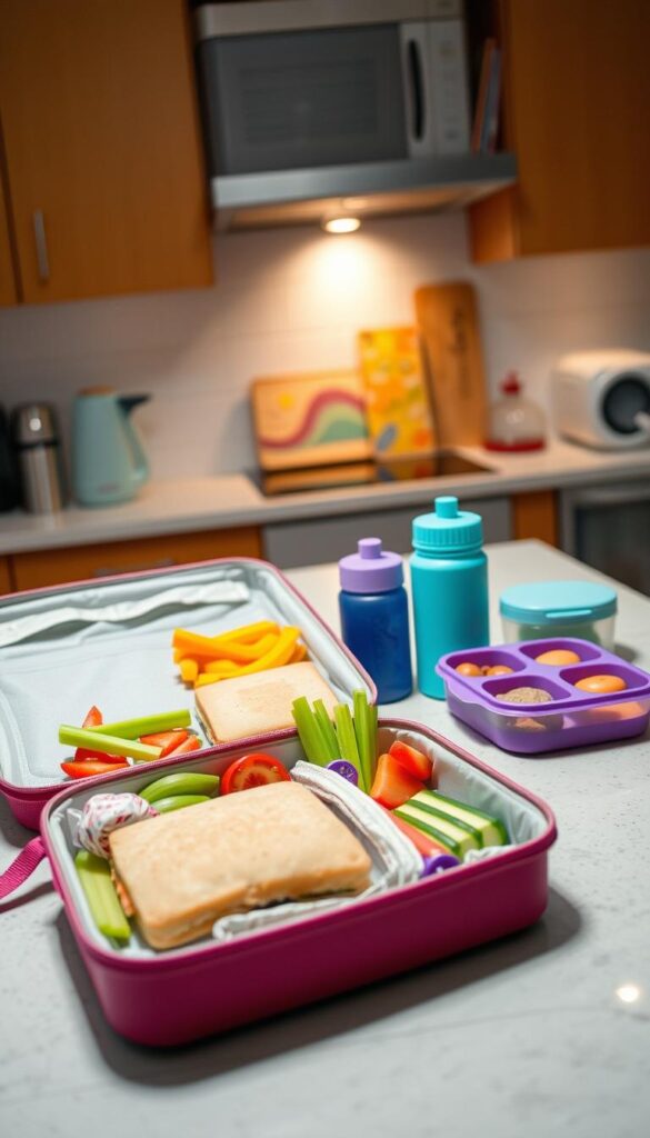 A brightly lit kitchen countertop, showcasing an array of healthy and colorful children's lunch box items. In the foreground, an open lunch box reveals a well-balanced meal, including a sandwich, fresh fruit, vegetable sticks, and a small treat. The middle ground features various lunch box accessories, such as reusable water bottles, small containers, and bento-style dividers. The background displays a soft, blurred cityscape, suggesting a cozy, domestic setting. The overall atmosphere conveys the importance of providing nutritious and visually appealing school lunches for children.