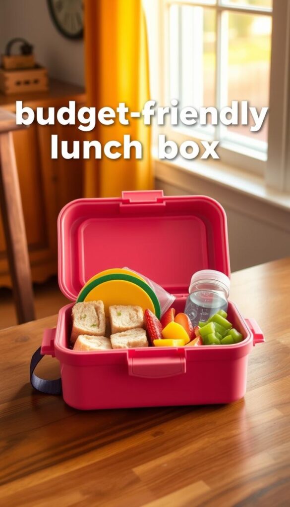 A cheerful and budget-friendly toddler lunch box sits on a wooden table, filled with healthy and delicious meal options. The box features a colorful, kid-friendly design with a secure snap-on lid. Inside, a variety of bite-sized sandwiches, fresh fruit, crunchy veggies, and a small reusable water bottle are neatly arranged. Warm, natural lighting from a nearby window bathes the scene in a soft, inviting glow, creating a cozy and welcoming atmosphere. The overall composition conveys a sense of simplicity, practicality, and a touch of playfulness, perfectly capturing the essence of a budget-friendly toddler lunch box.