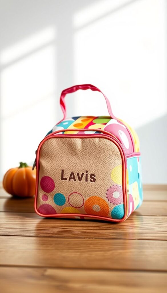 A colorful, kid-friendly lunch bag with a personalized design sits on a wooden table, illuminated by soft, natural lighting. The bag features a whimsical pattern, perhaps with a favorite character or vibrant graphics, that captures a young child's imagination. The texture is subtly embossed, adding depth and tactility. In the foreground, the lunch bag takes center stage, while the background maintains a clean, uncluttered aesthetic to allow the personalized design to shine. The overall composition conveys a sense of practicality, creativity, and the joy of a child's daily routine.