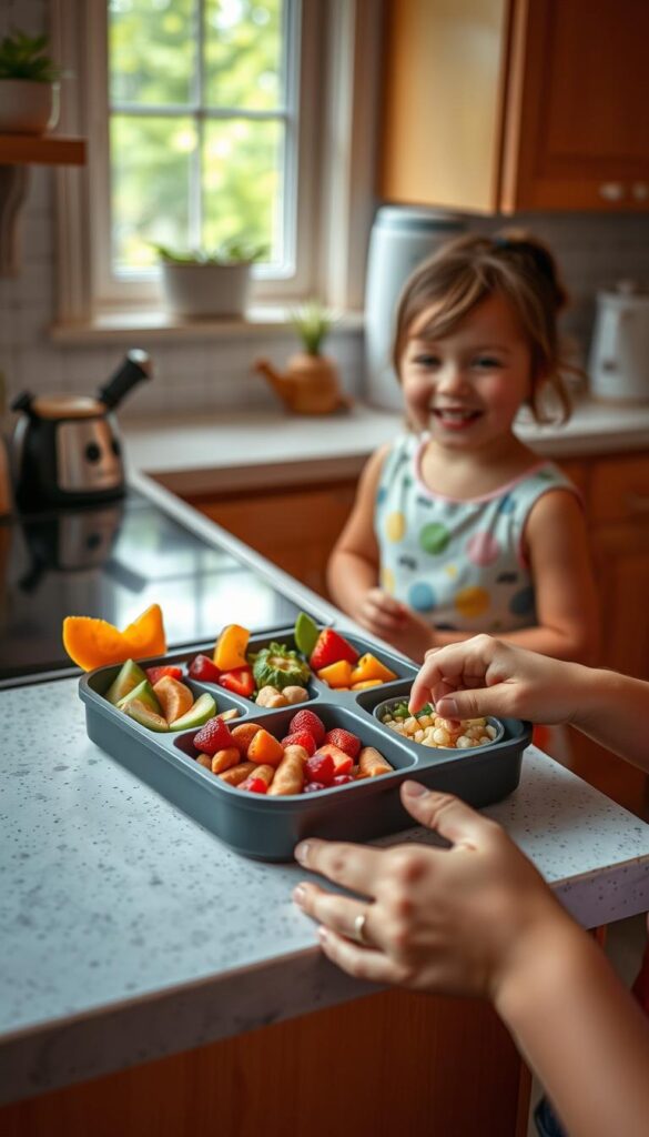A cozy kitchen countertop, bathed in soft, natural light from a nearby window. On the surface, an assortment of colorful, bite-sized foods neatly arranged in a modern, multi-compartment bento box. Fresh fruits, crunchy vegetables, and playful protein-rich elements create a visually appealing, balanced meal. In the foreground, small hands carefully select and arrange the components, while in the background, a smiling child watches on, excited to enjoy the personalized, nutritious lunch. The scene exudes a sense of mindfulness, creativity, and joy in the everyday task of packing a healthy, fun-filled bento box for a young, energetic eater.
