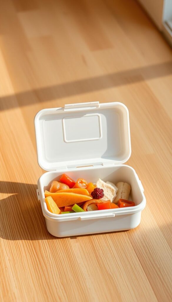 A crisp, white Sistema lunch box sits on a clean, wooden surface, its sleek, rectangular form casting a soft shadow. The box's transparent lid reveals the contents within - a neatly arranged assortment of colorful, fresh foods. Warm, natural lighting from the side illuminates the scene, highlighting the container's durable, high-quality construction and the attractive, modern design. The overall atmosphere conveys a sense of organization, practicality, and a commitment to healthy, sustainable eating habits.