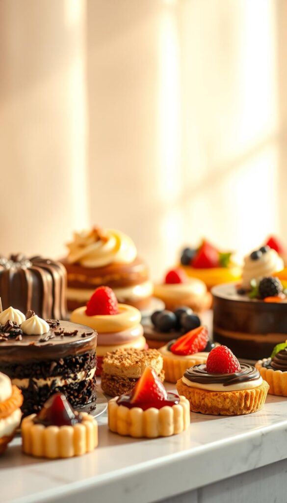 A delectable display of heavenly desserts against a soft, blurred background. In the foreground, a bountiful selection of artisanal treats arranged with care - decadent chocolate cakes, flaky pastries, creamy custards, and vibrant fruit tarts. The lighting is warm and inviting, casting a gentle glow that highlights the intricate textures and vibrant colors. The scene is captured with a shallow depth of field, drawing the viewer's eye to the mouthwatering desserts. An atmosphere of indulgence and culinary excellence permeates the image, inviting the viewer to imagine the flavors and textures of these delectable offerings.