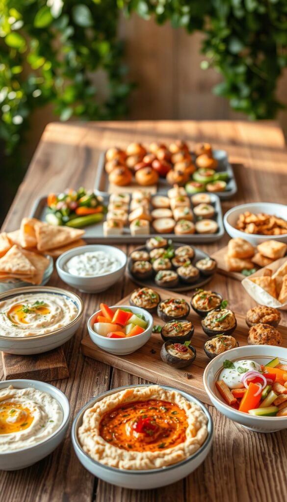 A delightful array of vegetarian appetizers arranged on a rustic wooden table, bathed in warm, natural lighting. In the foreground, a selection of colorful dips and spreads - creamy hummus, vibrant baba ghanoush, and a tangy tzatziki - served with freshly baked pita bread and crunchy vegetable sticks. Toward the middle, an assortment of bite-sized hors d'oeuvres, such as grilled halloumi skewers, stuffed mushroom caps, and savory vegetable fritters. In the background, a lush, green garland frames the scene, creating a welcoming, inviting atmosphere for this vegetarian dinner party.