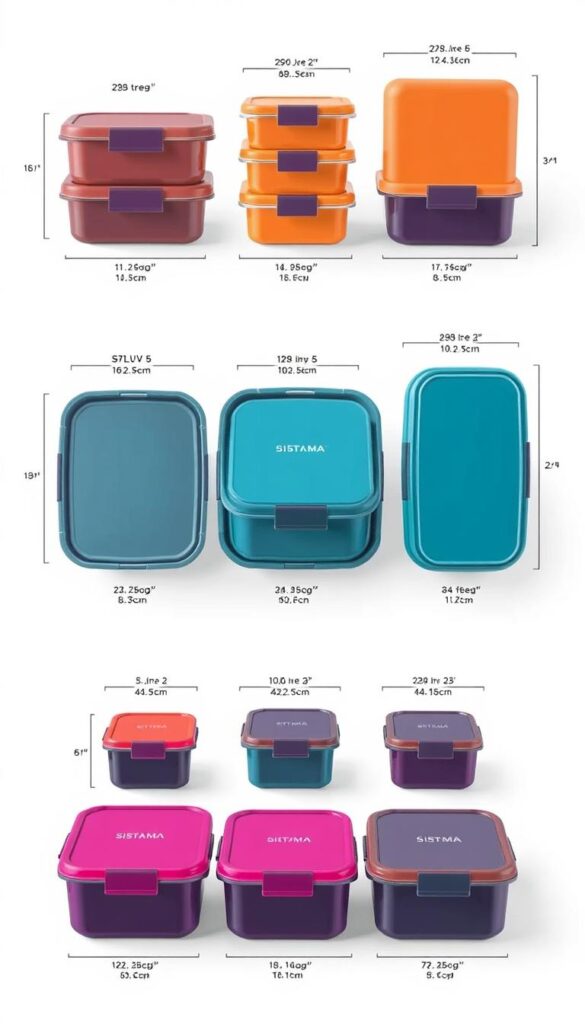 A detailed cutaway illustration showcasing the various size options of the Sistema brand lunch boxes, arranged in a meticulously clean and organized layout. The boxes are depicted with a soft, natural lighting that highlights their sleek, BPA-free plastic construction and vibrant color palette. The image has a technical, informative tone, with a focus on clearly displaying the key dimensional specifications of each box size. The background is a simple, uncluttered white or light gray, allowing the lunch boxes to take center stage. The overall composition conveys a sense of practicality and ease of use, suitable for inclusion in a consumer guide on the best Sistema lunch box options.