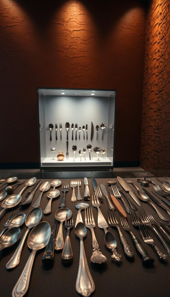 A detailed, museum-style display of historical dining utensils, showcasing their evolution over time. In the foreground, various spoons, forks, and knives from different eras are arranged meticulously, their designs ranging from simple to ornate. In the middle ground, a clean, well-lit display case highlights the progression of these tools, from ancient civilizations to modern times. The background features a rich, textured wall with subtle lighting, creating a sense of depth and grandeur. The overall composition conveys a scholarly, educational tone, inviting the viewer to explore the fascinating history of dining etiquette and technology.