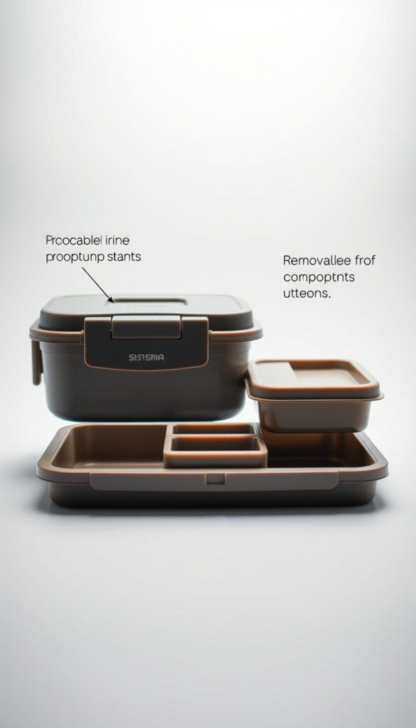 A detailed, well-lit close-up photograph of a Sistema brand plastic lunch box, showcasing its various safety features. The foreground features the closed lunch box, highlighting its secure latching mechanism, sturdy BPA-free construction, and airtight silicone seals. The middle ground includes a cutaway view revealing the removable inner trays, leak-proof compartments, and integrated utensil slots. The background depicts a pristine white studio setting, illuminated by soft, diffuse lighting to accentuate the lunch box's sleek, modern design. The overall mood is one of professionalism, quality, and attention to food safety.