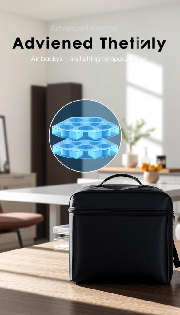 A high-quality contemporary insulated lunch box bag with advanced thermal technology sits prominently in the foreground, bathed in soft natural lighting. The middle ground features a detailed cross-section view showcasing the multilayered insulation materials and air pockets that retain temperature. In the background, a minimalist lifestyle scene with clean surfaces and modern decor provides a serene, uncluttered setting. The overall mood is one of functional sophistication, highlighting the lunch box's practical capabilities through a visually compelling, design-focused presentation.