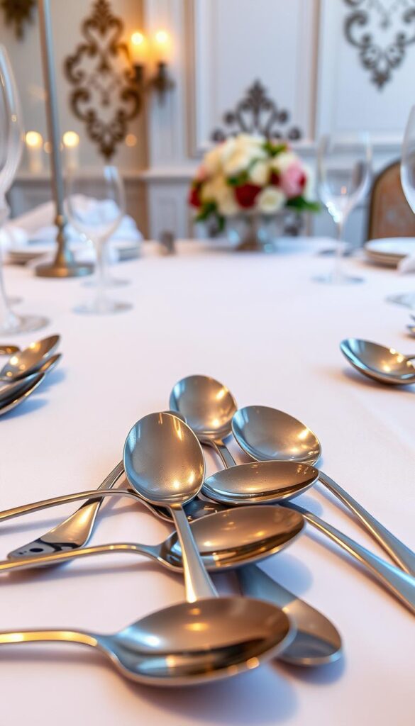 A meticulously arranged table setting with an elegant display of dessert spoons. The foreground features an exquisite array of polished metal spoons, their slender handles and rounded bowls gleaming under the soft, warm lighting. In the middle ground, a crisp white tablecloth provides a pristine backdrop, accentuating the refined aesthetic. The background showcases a subtle, yet sophisticated decor, with hints of ornate patterns or textures that add depth and character to the scene. The overall composition evokes a sense of refined luxury, inviting the viewer to imagine the delectable desserts that will soon be savored with these graceful utensils.