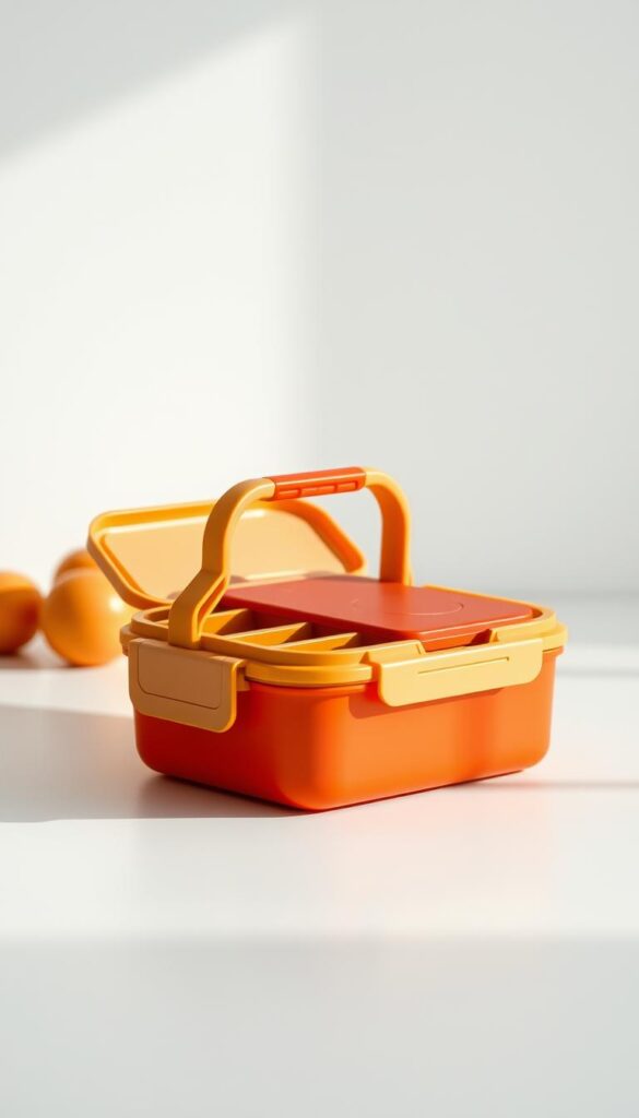A modern, stylized kids lunch box sits on a clean, minimalist tabletop. The lunch box is made of sleek, durable plastic in a vibrant color, with thoughtful features like compartments, leak-proof seals, and an insulated interior to keep food fresh. Soft, diffused lighting gently illuminates the scene, creating a cozy, inviting atmosphere. The lunch box is angled to showcase its practical, ergonomic design, highlighting details like snap-on lids, carrying handles, and a compact, space-saving shape. The tabletop surface is plain, allowing the lunch box to be the central focus, conveying a sense of functionality and attention to the needs of today's health-conscious families.