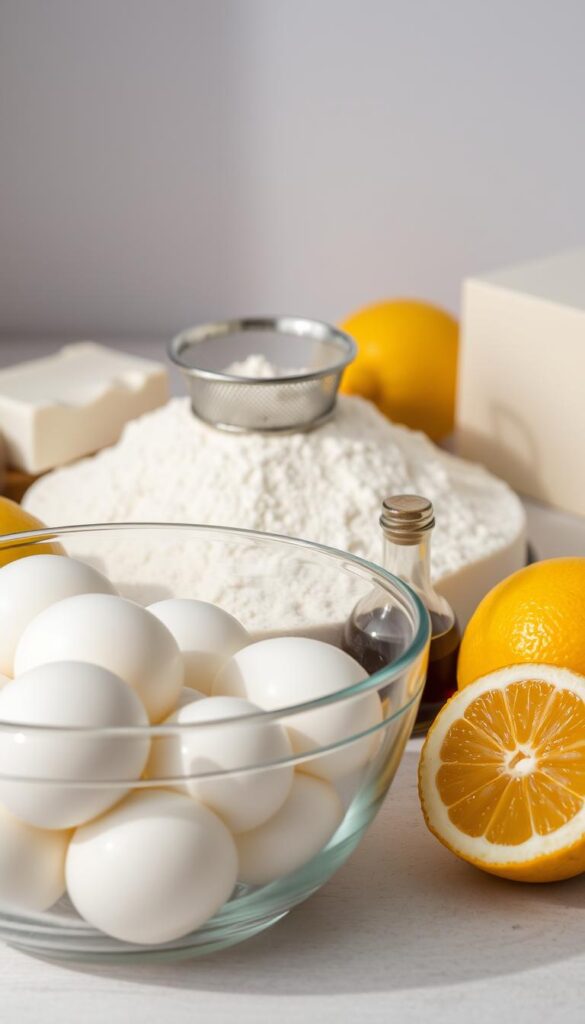 A neatly arranged still life capturing the essential ingredients for Japanese jiggly cheesecake. In the foreground, a glass bowl filled with creamy, soft-peak egg whites, ready to be whipped to lofty perfection. Beside it, a stack of fresh, high-quality cream cheese blocks, their texture inviting. In the middle ground, a sifter dusts a mound of fine, white cake flour, the key to the cake's delicate crumb. Surrounding these, ripe, golden lemons and a small pitcher of pure vanilla extract, offering brightness and depth of flavor. Soft, natural lighting bathes the scene, highlighting the ingredients' lustrous, premium quality. The overall mood is one of culinary anticipation, hinting at the light, cloud-like result to come.