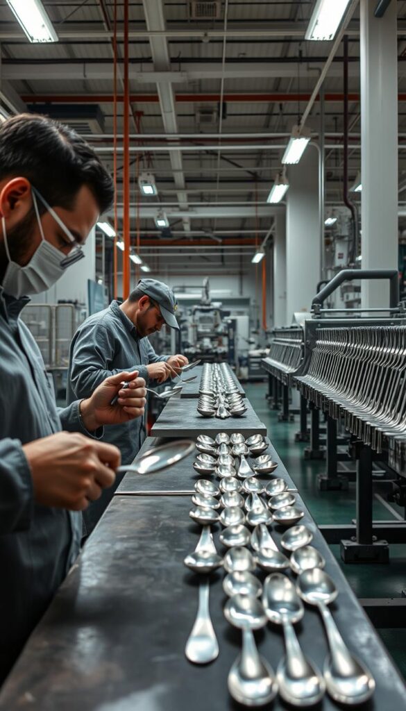 A precision-engineered desert spoon manufacturing process unfolds in a well-lit, modern factory. In the foreground, skilled artisans meticulously shape the spoon's curved bowl and tapered handle using specialized metalworking tools. The middle ground showcases state-of-the-art machinery that polishes and finishes the spoons to a high sheen, ensuring a smooth, elegant texture. In the background, rows of carefully inspected, finished spoons await packaging, ready to be shipped worldwide. The scene conveys a harmonious blend of craftsmanship and technology, reflecting the quality considerations that go into creating the perfect desert spoon.