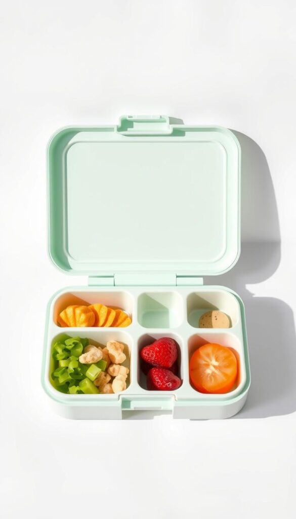 A pristine, modern toddler lunch box with multiple compartments sits upon a crisp, white backdrop. The box has a sleek, minimalist design with a matte finish in a soft, pastel hue. The compartments are clearly defined, inviting the viewer to imagine healthy, colorful snacks and meals neatly organized within. Soft, natural lighting illuminates the scene, casting gentle shadows that accentuate the simple, yet practical features of the lunchbox. The overall tone is one of tranquility and thoughtful, parental care - a visual representation of the "perfect" lunchbox for a busy toddler's midday refuel.