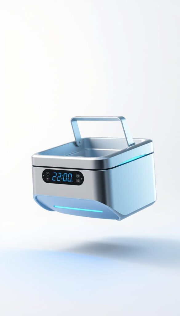 A sleek, modern electric lunch box hovers on a minimalist white background. Soft, directional lighting illuminates its glossy, metallic exterior, casting subtle shadows that accentuate its clean lines and angular design. The device's compact, rectangular form features a high-tech digital display, tactile control buttons, and a hinged lid that reveals a well-insulated interior compartment. Subtle blue LED accents emit a cool, futuristic glow, hinting at the advanced thermoelectric heating and cooling technology within. The overall aesthetic conveys a sense of portable convenience and cutting-edge functionality, capturing the essence of "electric lunch bag technology" for the modern, on-the-go lifestyle.