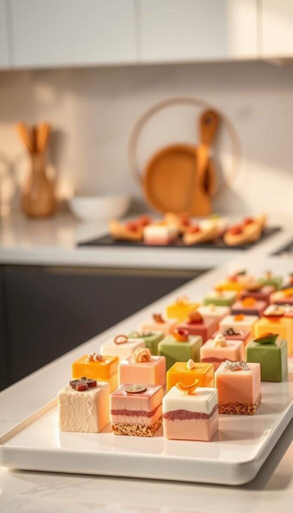 A sleek, modern kitchen counter showcases an array of bite-sized cube desserts, each meticulously crafted with unique flavors and textures. In the foreground, delicate pastel-colored cubes sit atop a minimalist white platter, inviting the viewer to imagine the delightful taste sensations within. The middle ground features a variety of these customizable desserts, each one a work of edible art, adorned with delicate garnishes and drizzles of rich sauces. The background is softly blurred, drawing the focus to the beautifully presented treats, illuminated by warm, natural lighting that casts gentle shadows, highlighting their sculptural qualities. The overall mood is one of refined elegance and artisanal indulgence, perfectly capturing the benefits of choosing customizable cube desserts to satisfy any sweet craving.