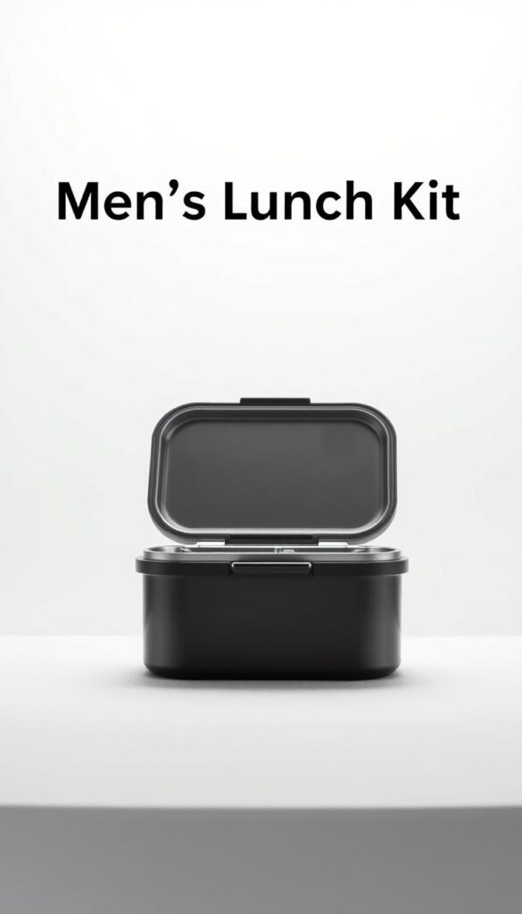 A sleek, modern men's lunch kit design, featuring a premium stainless steel container with a minimalist aesthetic. The kit is set against a clean, well-lit backdrop, showcasing its durable construction and thoughtful functionality. The container's matte finish reflects the soft lighting, creating a sense of sophistication and high-quality craftsmanship. In the foreground, the lunch kit is positioned at a slight angle, highlighting its streamlined silhouette and practical storage compartments. The middle ground features a subtle, yet elegant pattern or texture, complementing the overall design. The background is a neutral, uncluttered space, allowing the lunch kit to take center stage and exude an air of refined, understated elegance.