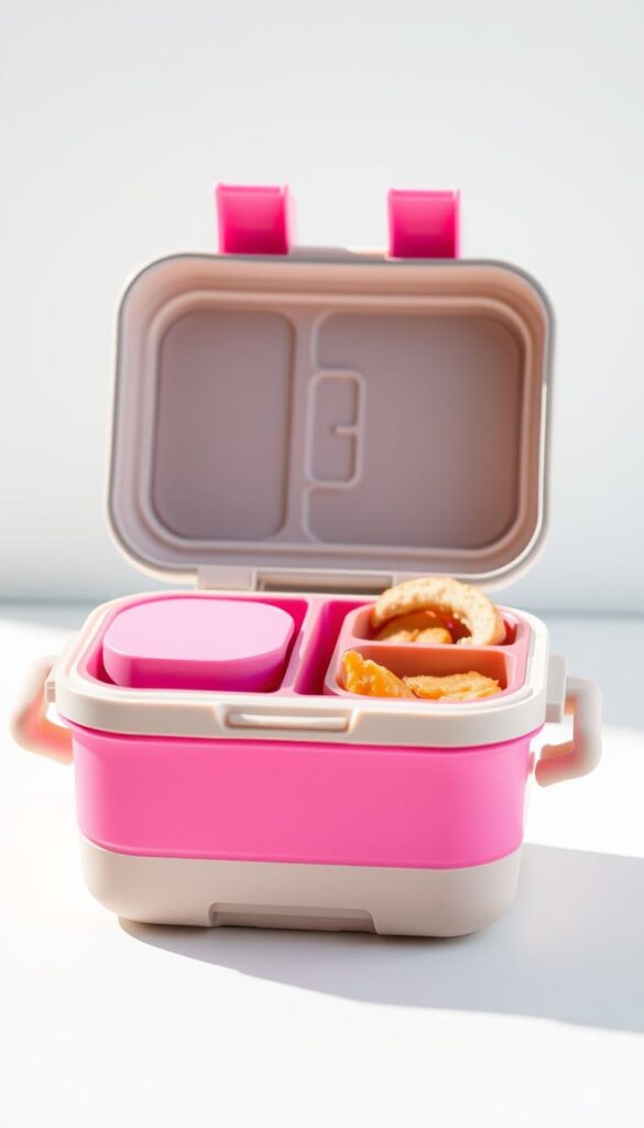 A sleek, modern toddler lunch box with a minimalist design, made of durable, food-grade materials. It has a secure, leakproof lid that ensures contents stay fresh and prevent spills. The box features multiple compartments for organizing different foods, with a vibrant, colorful interior that appeals to young kids. Soft, ergonomic handles make it easy for small hands to carry. Photographed in natural daylight with a shallow depth of field, highlighting the box's practical yet stylish aesthetic. The clean, well-lit composition showcases the lunch box's thoughtful features, conveying a sense of reliability and convenience for busy parents.