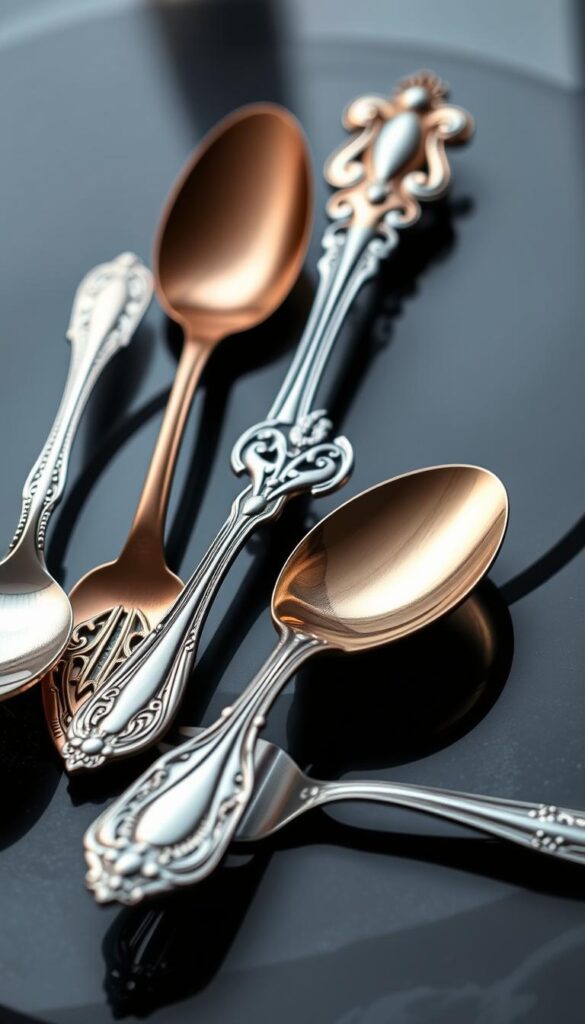 A sophisticated selection of premium dessert spoons elegantly arranged on a reflective surface. The spoons feature intricate designs, varying textures, and a range of metallic finishes including silver, gold, and rose gold. Soft, directional lighting casts subtle shadows, highlighting the spoons' refined contours and exquisite craftsmanship. The overall composition conveys a sense of refined opulence and attention to detail, perfectly suited for an upscale dining experience.