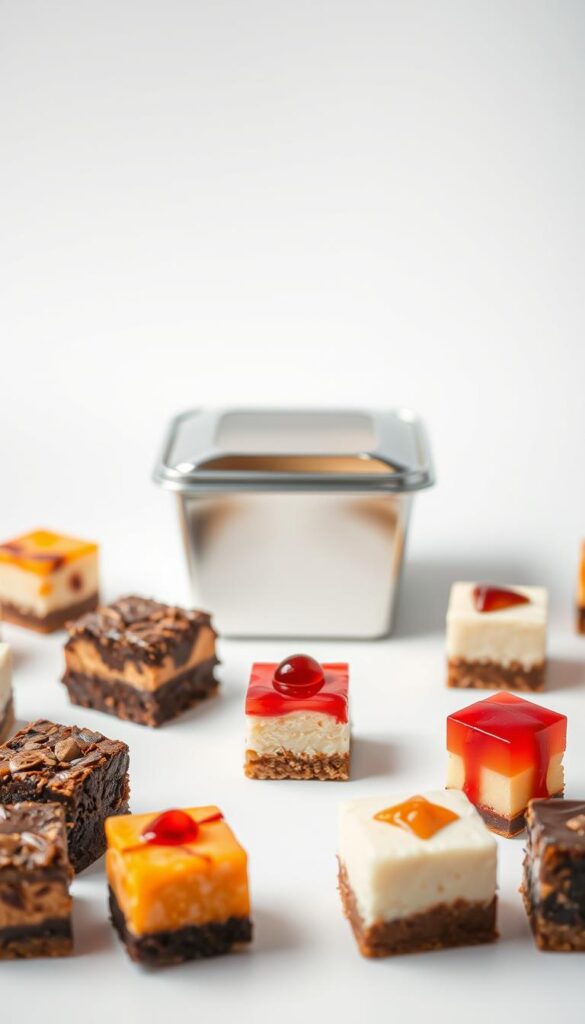 A tempting display of cube-shaped desserts, elegantly presented on a minimal white backdrop. The foreground features an assortment of bite-sized treats, including rich chocolate brownies, fluffy cheesecake cubes, and delicate fruit-infused gelatin squares. The lighting casts a soft, warm glow, highlighting the intricate textures and vibrant colors of the desserts. In the middle ground, a sleek, modern takeaway container stands ready to house these perfectly portioned sweets. The overall mood is one of sophisticated simplicity, inviting the viewer to indulge in the allure of these exquisite cube desserts.