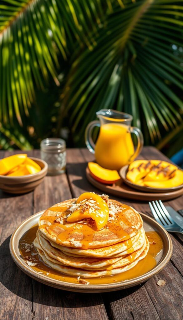 A tropical mango pancake breakfast served on a rustic wooden table. In the foreground, a stack of fluffy, golden pancakes topped with fresh, juicy mango slices, drizzled with warm honey and sprinkled with toasted coconut flakes. The middle ground features a pitcher of fresh mango juice and a side of grilled mango wedges. In the background, lush palm fronds sway gently, casting a warm, dappled light across the scene. The overall mood is vibrant, sun-drenched and inviting, evoking the flavors and atmosphere of a tropical paradise.