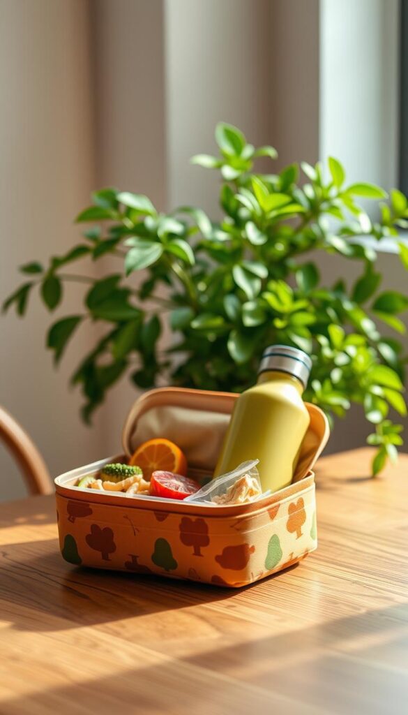 A vibrant, eco-friendly kids lunch box rests on a wooden table, its sleek, sustainable design showcasing a variety of healthy snacks and a reusable water bottle. The lunchbox's exterior features a playful, nature-inspired pattern in muted earthy tones, complementing the warm, soft lighting that illuminates the scene. In the background, a lush, verdant potted plant adds a touch of greenery, reinforcing the product's commitment to environmental consciousness. The overall composition conveys a sense of mindfulness, practicality, and a child-friendly aesthetic, perfect for highlighting sustainable lunch box options for young families.