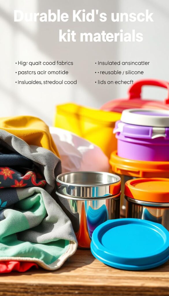 A vibrant, well-lit still life showcasing an assortment of durable kids' lunch box materials. In the foreground, a collage of high-quality fabrics, plastics, and insulated materials, each with distinct textures and patterns. The midground features stainless steel, BPA-free containers, and reusable silicone lids, all arranged harmoniously. The background subtly blurs, emphasizing the focus on the sturdy, practical lunch box components. Soft, natural lighting casts gentle shadows, highlighting the materials' resilience and suitability for active, on-the-go kids. The overall composition conveys a sense of functionality, longevity, and thoughtful design.