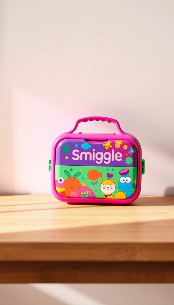 A vibrantly colored Smiggle lunch box for kids, sitting on a wooden table against a plain white background. The lunchbox is made of sturdy, durable plastic with a sleek, modern design featuring bold, playful patterns and characters. Soft, warm lighting from the side casts gentle shadows, highlighting the textural details and the sheen of the plastic material. The lunchbox is positioned slightly off-center, creating a sense of balance and visual interest. The overall mood is one of youthful energy, joy, and practicality, perfectly encapsulating the Smiggle brand's ethos of designing stylish, fun, and functional products for children.