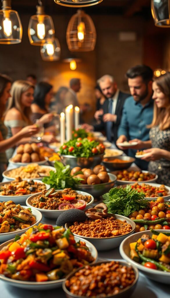 A visually striking and appetizing vegetarian dinner party scene, captured in a high-resolution, professional-grade photograph. In the foreground, an elegantly laid table showcases an array of vibrant vegetarian dishes - steaming vegetable stir-fry, hearty lentil stew, colorful roasted vegetables, and a centerpiece of grilled vegetable skewers. The middle ground features guests mingling and serving themselves from the buffet, their expressions conveying a sense of conviviality and enjoyment. The background is softly blurred, creating a cozy, intimate atmosphere, with warm lighting from hanging pendant lamps and candlelight casting a gentle glow over the scene. The overall mood is one of abundance, healthfulness, and communal celebration of vegetarian cuisine.