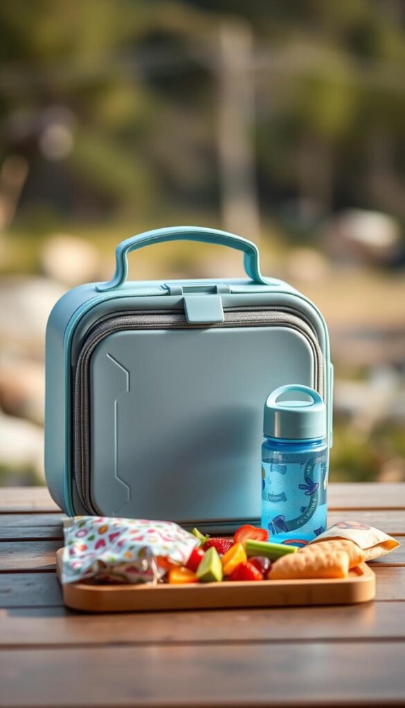 A well-lit modern children's lunch box sits on a wooden table, its sleek design and vibrant colors catching the eye. The box features a durable, insulated interior, with separate compartments for different food items. The exterior has a user-friendly latch mechanism and a sturdy handle for easy carrying. In the middle ground, a variety of healthy, colorful snacks and a reusable water bottle complement the lunch box. The background is a soft, blurred natural setting, evoking a sense of outdoor adventure and exploration. The overall mood is one of practicality, convenience, and a focus on child-friendly design.