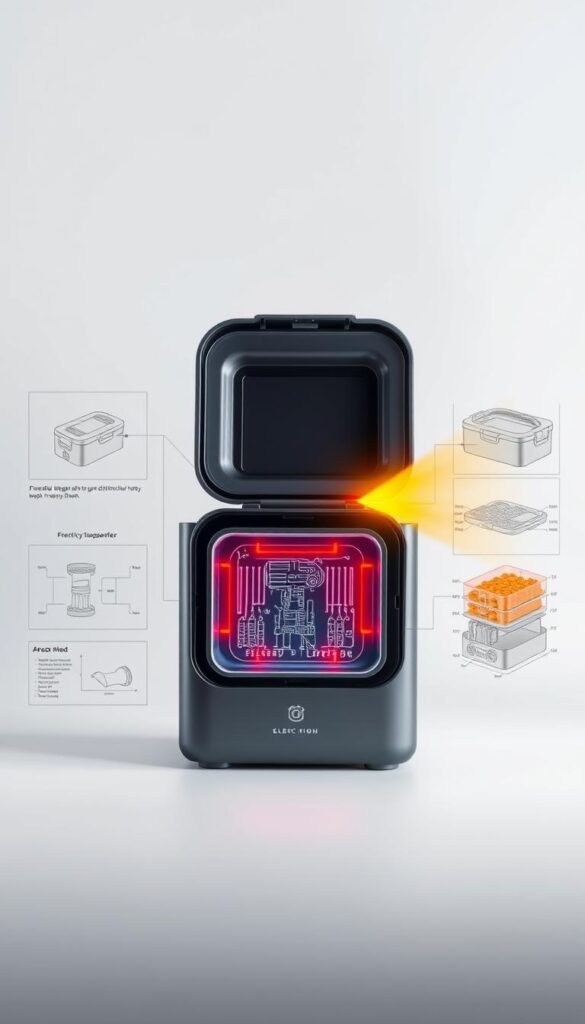 An electric lunch box sits prominently in the center, its sleek grey exterior gleaming under crisp, studio lighting. Intricate internal components, visible through a transparent panel, showcase the advanced heating technology powering the device. Surrounding the lunch box are technical diagrams and cross-sections, illustrating the precise engineering and efficient heat distribution system. The background is a clean, white studio setting, allowing the product to be the sole focus. The overall mood is one of precision, innovation, and the convenience of enjoying hot, freshly prepared meals anywhere.