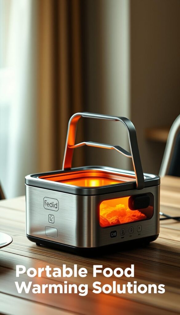 An electric lunch box with a sleek, modern design sits on a wooden table, its interior glowing with warmth. The device features an advanced heating element that can evenly distribute heat, keeping food piping hot for hours. A brushed metal exterior gives it a premium, industrial aesthetic, while the compact size and portable handle allow for easy transport. Soft, indirect lighting illuminates the scene, creating a cozy, inviting atmosphere. The image showcases the convenience and functionality of this innovative portable food warming solution, perfectly capturing the essence of the "Portable Food Warming Solutions" section.