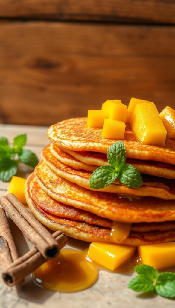 Beautifully arranged mango slices, golden-brown pancakes, and a vibrant assortment of garnishes - cinnamon sticks, fresh mint leaves, and a drizzle of honey. The scene is set against a rustic wooden backdrop, bathed in warm, natural lighting that casts soft shadows. The ingredients are carefully positioned to create a harmonious, appetizing composition, inviting the viewer to imagine the delightful flavors and textures of the perfect mango pancakes.
