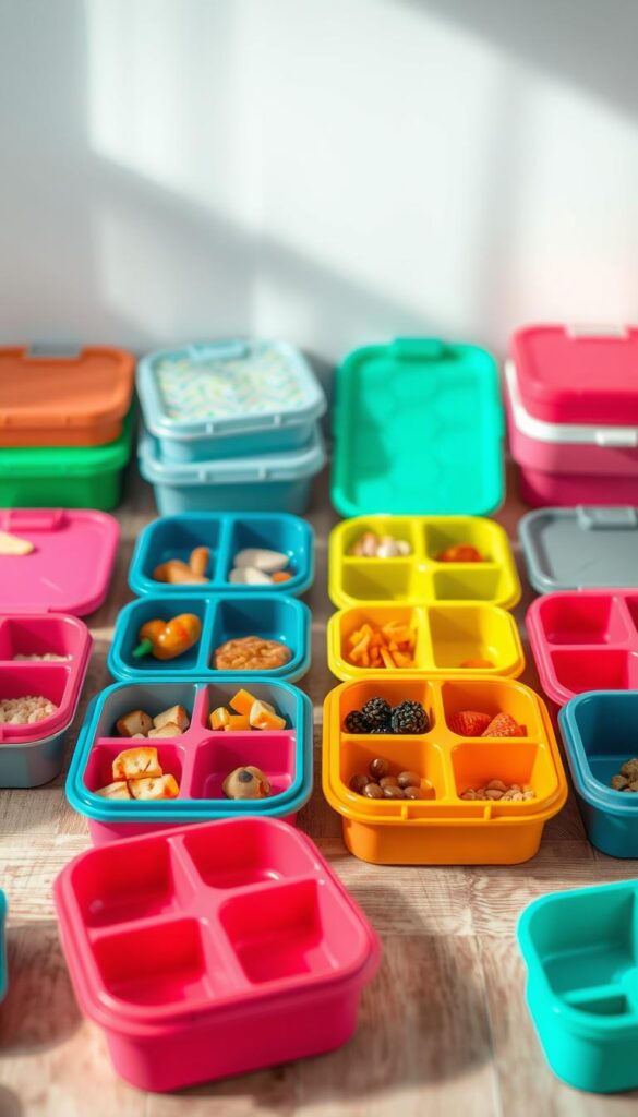 Children's Bento Lunch Boxes Compartments - a vibrant, organized display of various compartmentalized lunch containers in a soft, natural lighting setup. Showcasing an assortment of brightly colored, patterned bento boxes with distinct sections for different food items, neatly arranged on a wooden surface. The foreground features well-defined, high-quality close-ups of the compartments, highlighting the thoughtful division of space and smart organizational solutions. The middle ground subtly blurs into a minimalist, serene background, allowing the lunch boxes to take center stage. The overall mood is calm, inviting, and visually appealing, suitable for highlighting the efficiency and practicality of compartmentalized lunch containers.
