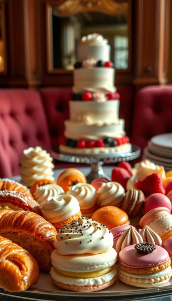 Heavenly Desserts Dessert Selection: A divine arrangement of decadent confections captured in soft, natural lighting. In the foreground, an array of delicate pastries - flaky croissants, creamy éclairs, and delicate macarons in an array of vibrant hues. In the middle ground, a towering tiered cake adorned with elegant swirls of buttercream and fresh berries. The background features a cozy, inviting café setting with warm, wooden accents and plush upholstery, conveying a sense of comfort and indulgence. The overall scene exudes a sense of timeless sophistication and a promise of pure gustatory bliss.