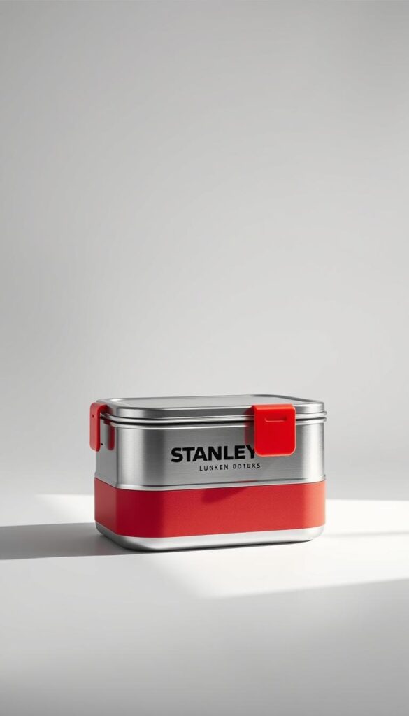 Highly detailed, photorealistic image of a premium Stanley lunch box, showcased against a clean, minimalist background. The lunch box is displayed in the foreground, with precise attention to its sturdy stainless steel construction, sleek modern design, and striking red accents. The middle ground features soft, directional lighting accentuating the smooth curves and polished finish of the lunch box, while the background is rendered in a pure white to create a sense of focus and simplicity. The overall composition and lighting evoke a high-end, aspirational aesthetic, emphasizing the quality and premium nature of the Stanley lunch box design.